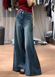 Fashion Navy High Waist With Pockets Denim Bell-bottom Trousers Fall