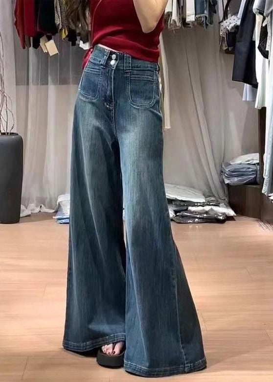 Fashion Navy High Waist With Pockets Denim Bell-bottom Trousers Fall