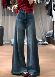 Fashion Navy High Waist With Pockets Denim Bell-bottom Trousers Fall