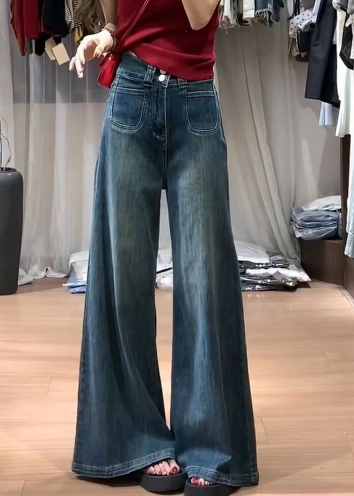 Fashion Navy High Waist With Pockets Denim Bell-bottom Trousers Fall