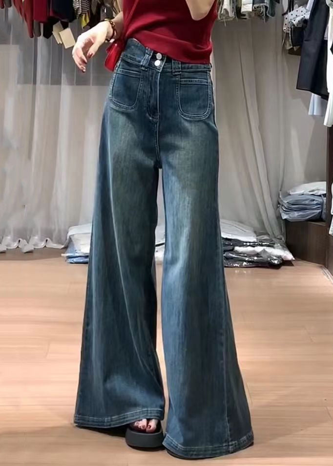 Fashion Navy High Waist With Pockets Denim Bell-bottom Trousers Fall