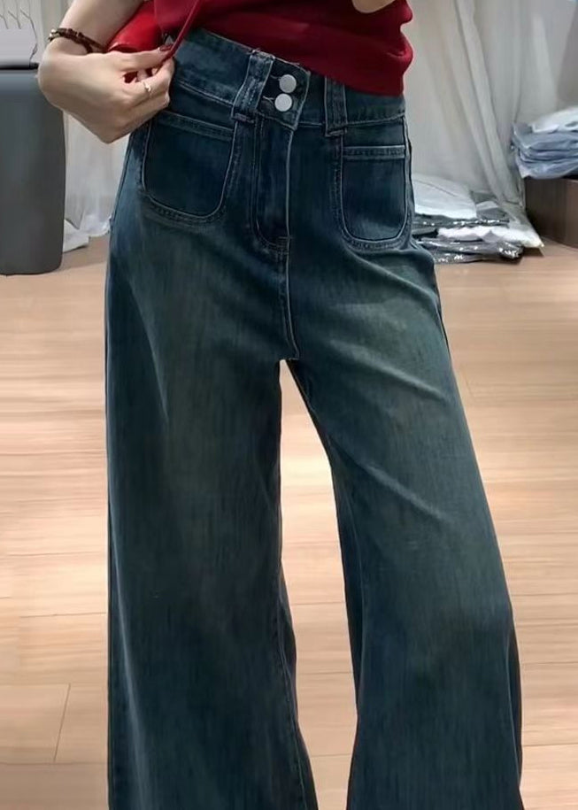 Fashion Navy High Waist With Pockets Denim Bell-bottom Trousers Fall