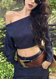 Fashion Navy One Shoulder Denim Two Piece Suit Set Summer