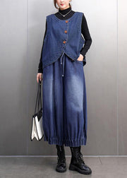 Fashion Navy Oversized Denim Vests And Harem Pants Two Pieces Set Summer