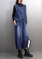 Fashion Navy Oversized Denim Vests And Harem Pants Two Pieces Set Summer