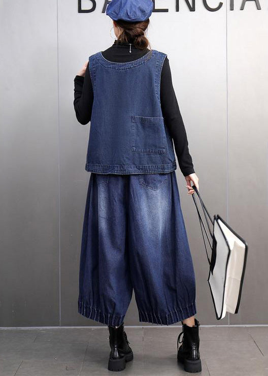 Fashion Navy Oversized Denim Vests And Harem Pants Two Pieces Set Summer