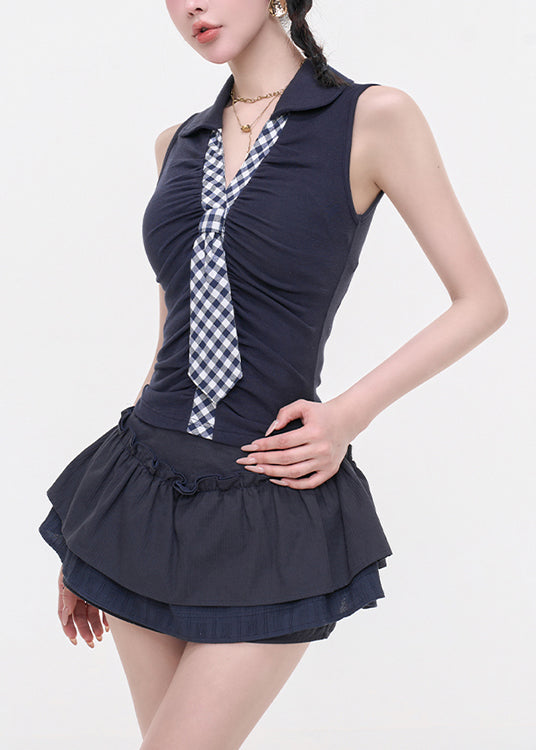Fashion Navy V Neck Patchwork Cotton T Shirt Tops Sleeveless