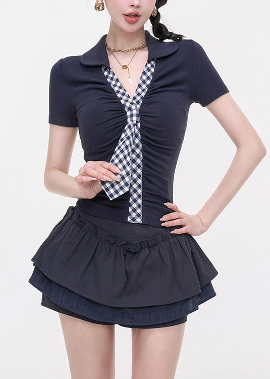 Fashion Navy V Neck Patchwork Cotton T Shirt Tops Sleeveless