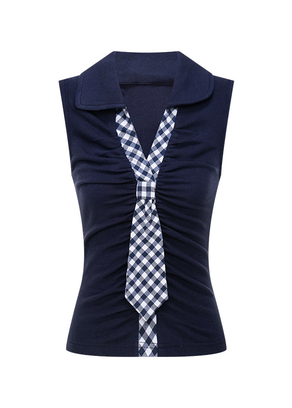 Fashion Navy V Neck Patchwork Cotton T Shirt Tops Sleeveless