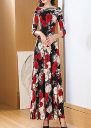 Fashion O Neck Print Chiffon Long Dress Bracelet Sleeve