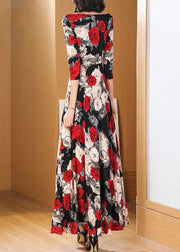 Fashion O Neck Print Chiffon Long Dress Bracelet Sleeve