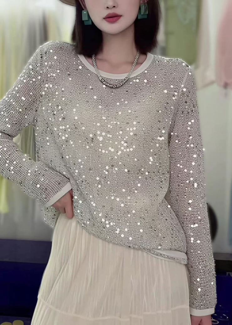 Fashion O-Neck Sequins Hollow Out Knit Top Fall