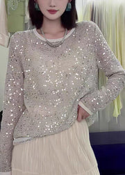 Fashion O-Neck Sequins Hollow Out Knit Top Fall