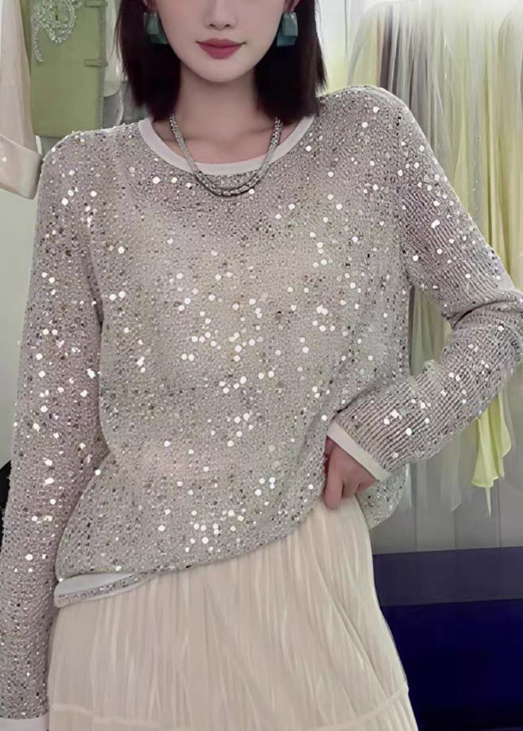 Fashion O-Neck Sequins Hollow Out Knit Top Fall