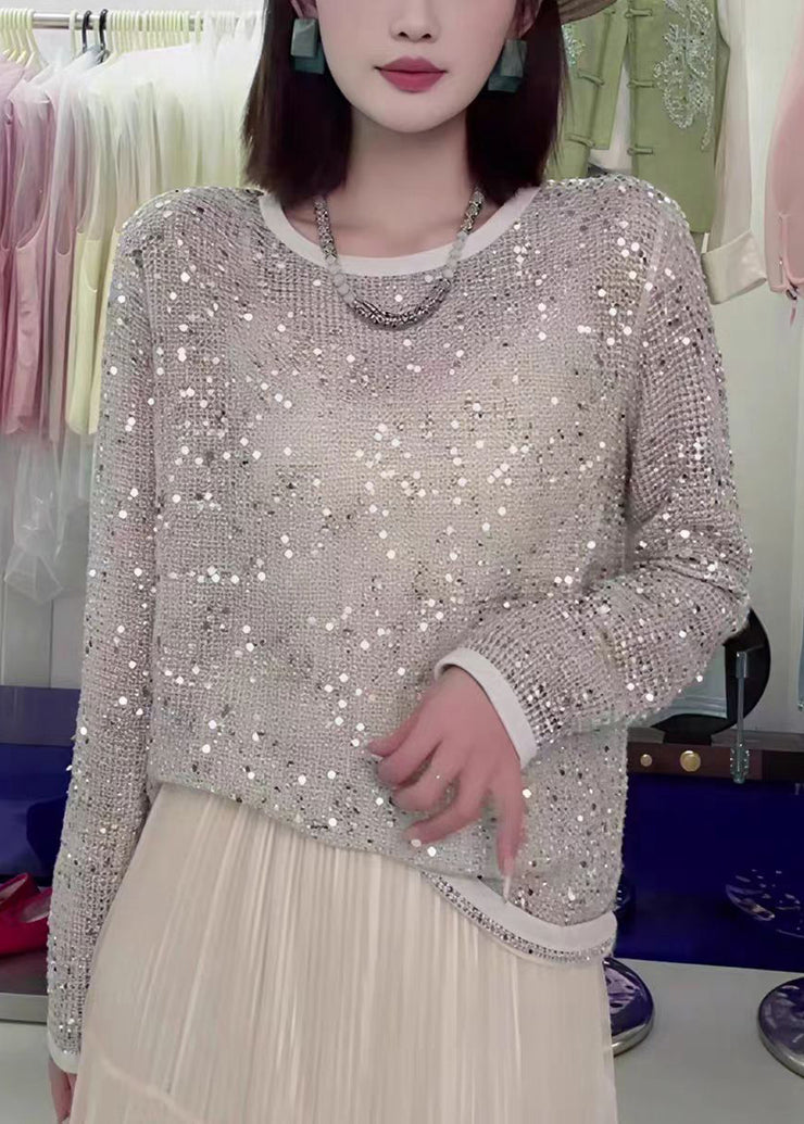 Fashion O-Neck Sequins Hollow Out Knit Top Fall
