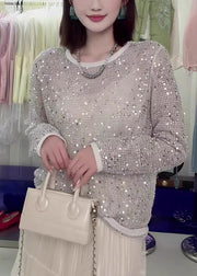 Fashion O-Neck Sequins Hollow Out Knit Top Fall