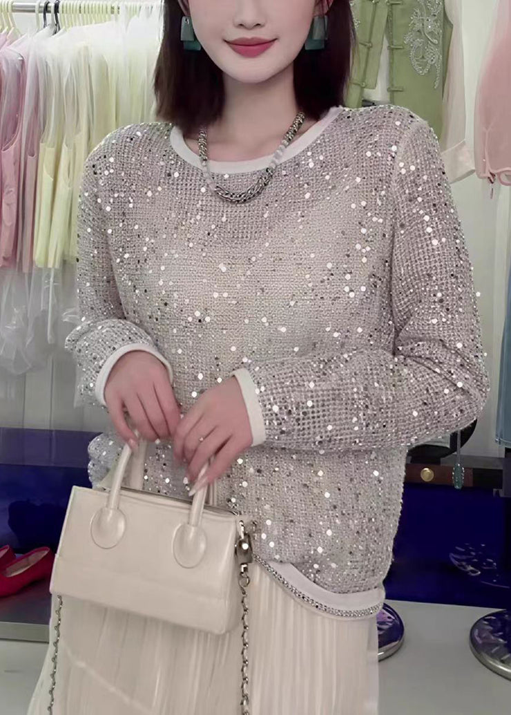 Fashion O-Neck Sequins Hollow Out Knit Top Fall