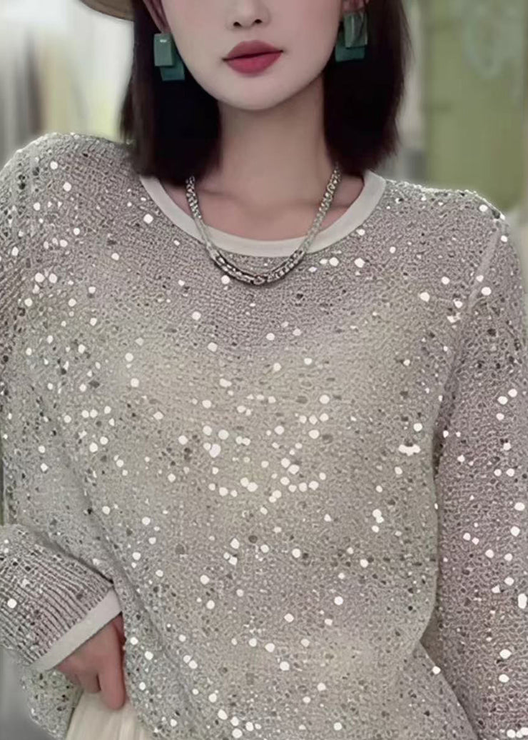 Fashion O-Neck Sequins Hollow Out Knit Top Fall