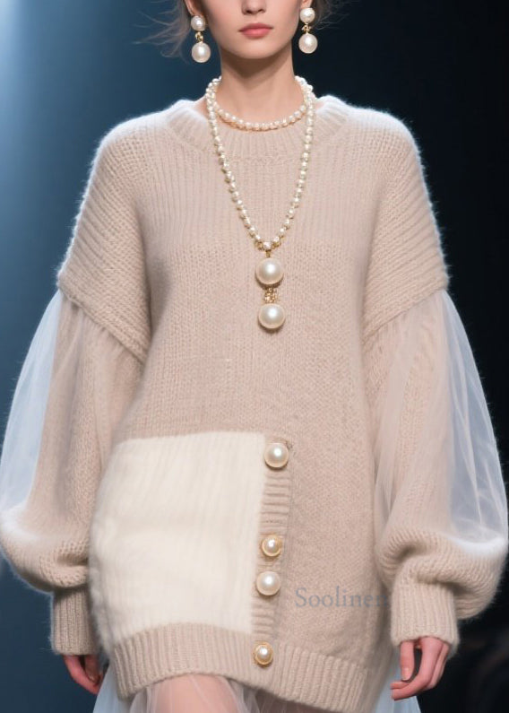 Fashion O Neck Tulle Patchwork Knit Long Sweater Fall
