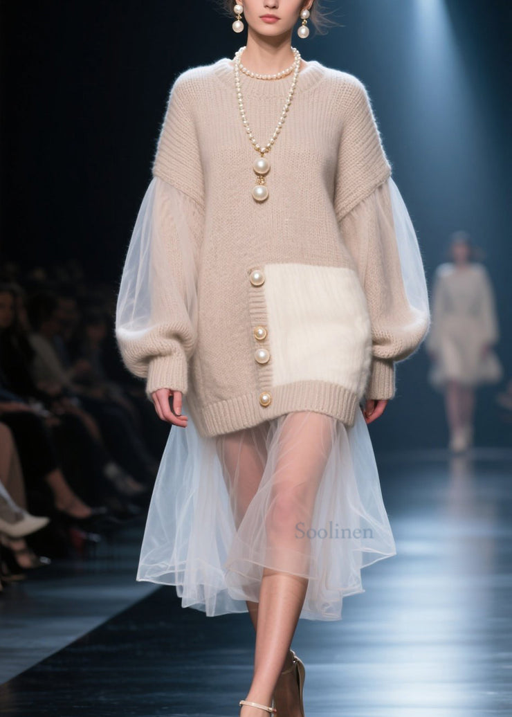 Fashion O Neck Tulle Patchwork Knit Long Sweater Fall