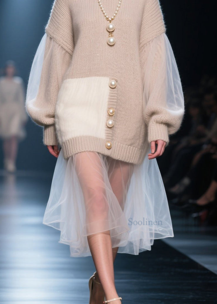 Fashion O Neck Tulle Patchwork Knit Long Sweater Fall