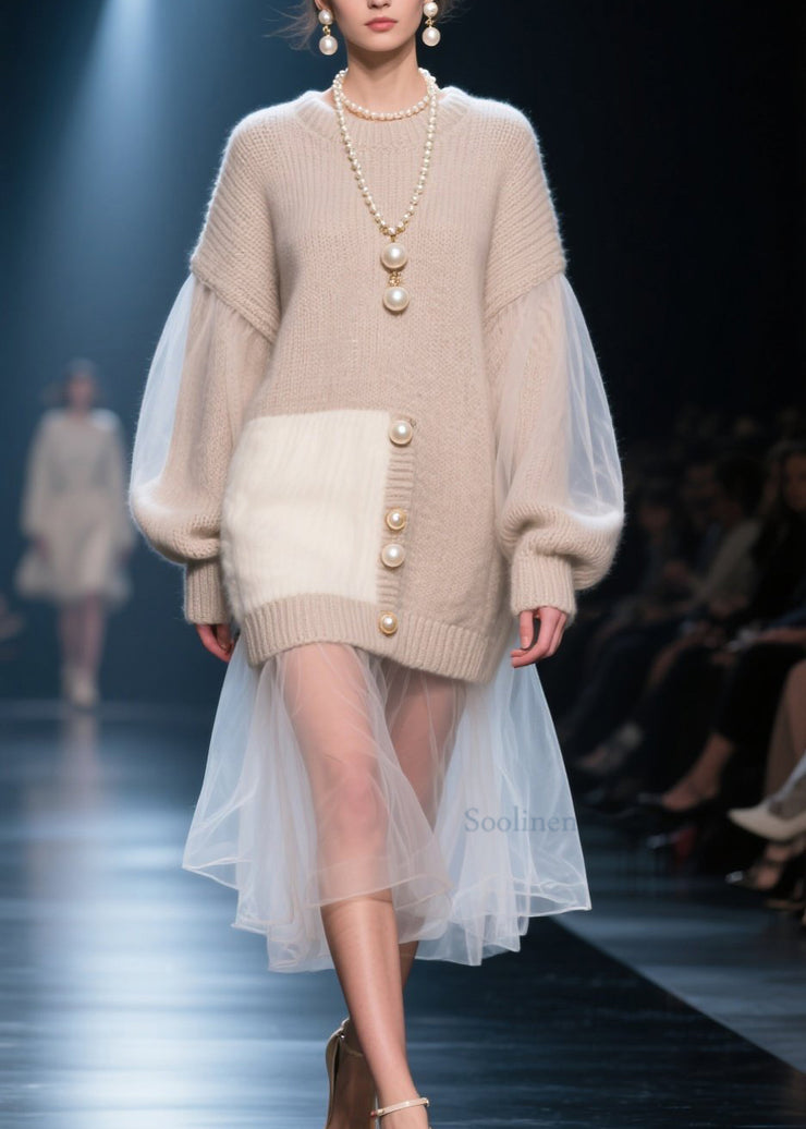 Fashion O Neck Tulle Patchwork Knit Long Sweater Fall