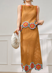 Fashion Orange Hollow Out Knit Top And Maxi Skirts Two Pieces Set Sleeveless