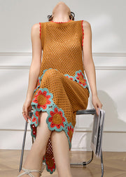 Fashion Orange Hollow Out Knit Top And Maxi Skirts Two Pieces Set Sleeveless