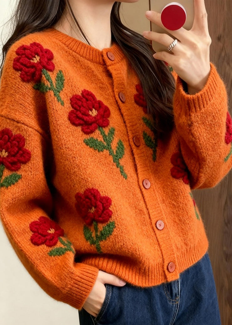 Fashion Orange O Neck Floral Knit Loose Cardigans Fall