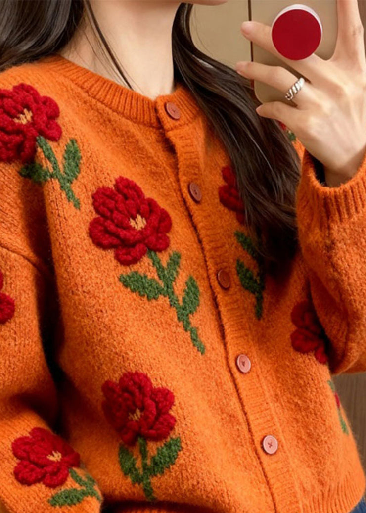 Fashion Orange O Neck Floral Knit Loose Cardigans Fall