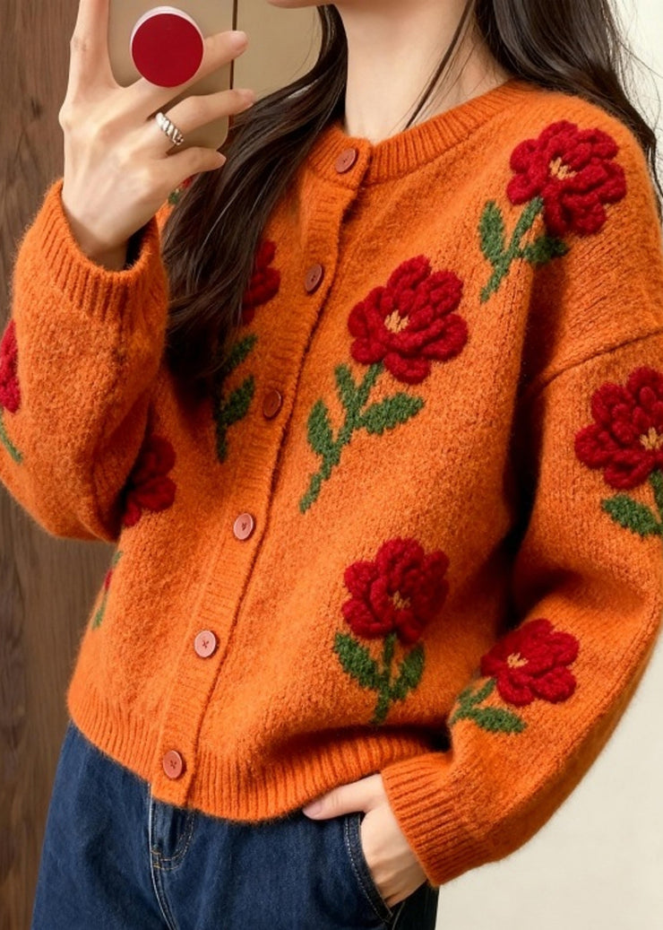 Fashion Orange O Neck Floral Knit Loose Cardigans Fall