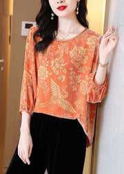 Fashion Orange O-Neck Print Silk Velour Tops Fall