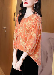 Fashion Orange O-Neck Print Silk Velour Tops Fall