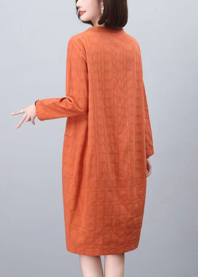 Fashion Orange Stand Collar Cotton Mid Dresses Spring