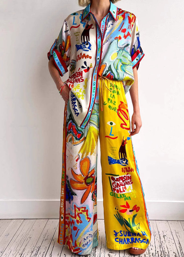 Fashion Peter Pan Collar Print Ice Silk Two Piece Set Summer
