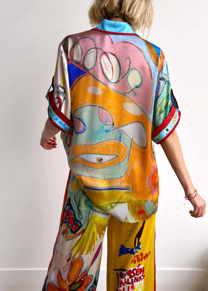 Fashion Peter Pan Collar Print Ice Silk Two Piece Set Summer