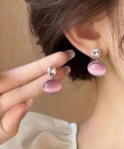 Fashion Pink Alloy Zircon Cat's Eye Stone Drop Earrings