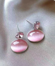 Fashion Pink Alloy Zircon Cat's Eye Stone Drop Earrings