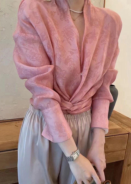 Fashion Pink Asymmetrical Jacquard Chiffon Top Fall