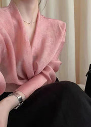 Fashion Pink Asymmetrical Jacquard Chiffon Top Fall