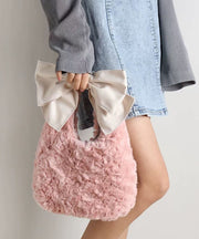 Fashion Pink Bow Faux Rabbit Fur Evening Tote Handbag