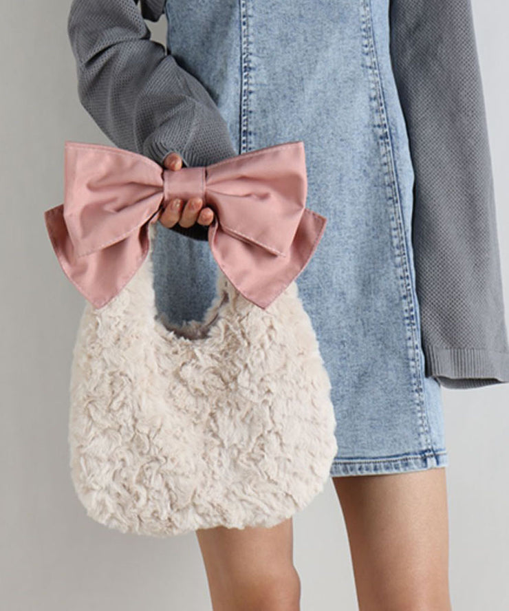 Fashion Pink Bow Faux Rabbit Fur Evening Tote Handbag