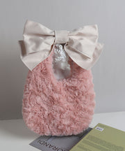 Fashion Pink Bow Faux Rabbit Fur Evening Tote Handbag