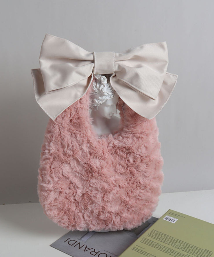 Fashion Pink Bow Faux Rabbit Fur Evening Tote Handbag