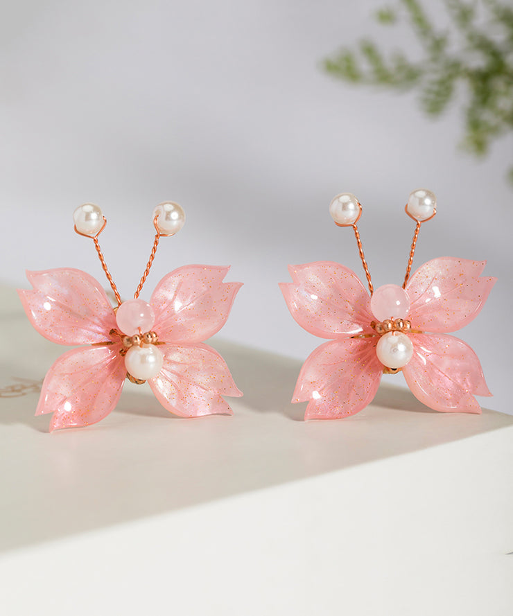 Fashion Pink Copper Alloy Pearl Colored Glaze Butterfly Hairpin