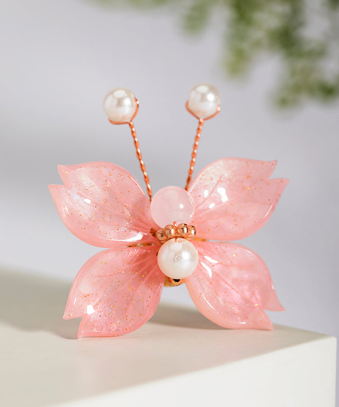 Fashion Pink Copper Alloy Pearl Colored Glaze Butterfly Hairpin