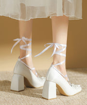 Fashion Pink Lace Up Splicing Chunky High Heels Pink Satin