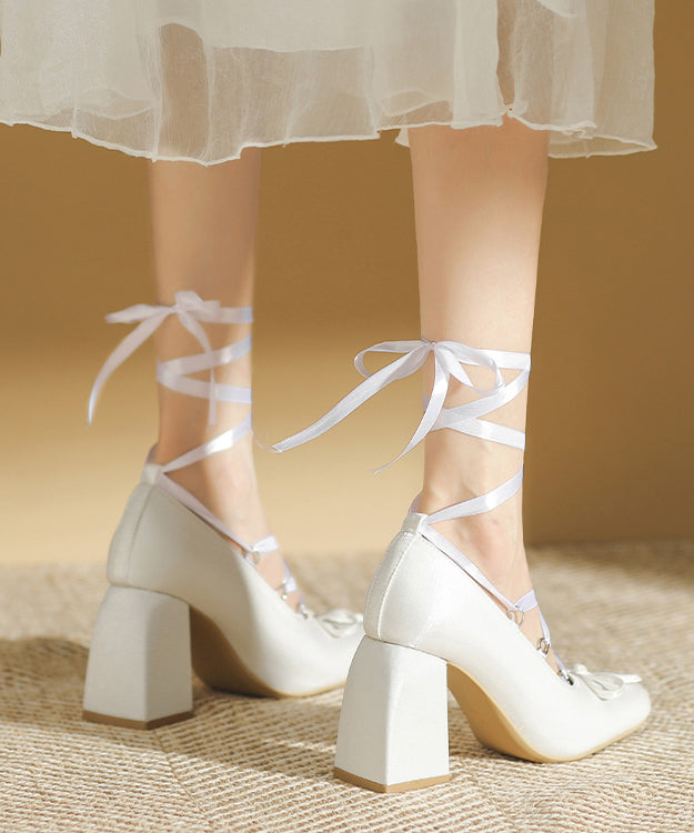 Fashion Pink Lace Up Splicing Chunky High Heels Pink Satin