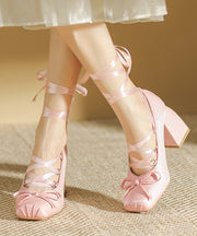 Fashion Pink Lace Up Splicing Chunky High Heels Pink Satin