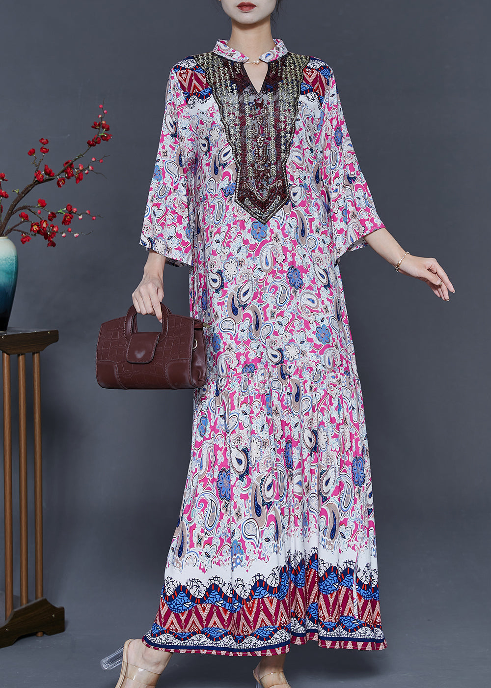 Fashion Pink Oversized Print Cotton Ankle Dress Summer
